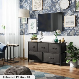 WLIVE Dresser for Bedroom with 5 Drawers, Wide Chest of Drawers, Fabric Dresser, Storage Organizer Unit with Fabric Bins for Closet, Living Room, Hallway, Nursery, Charcoal Black