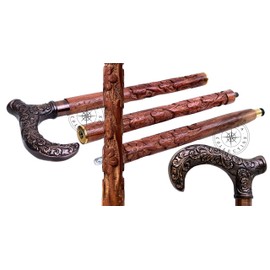 Hanzla Collection Copper Antique Finish Foldable Walking Stick Cane Curved Brown Wooden Shaft Victorian Cane Gift for Men & Women