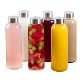 Brieftons 18 Oz Clear Borosilicate Glass Water Bottles With Caps, 6 Pack, Heat Resistant, Slim, Easy to Store, Reusable Drinking Bottle, Sauce Jar, Juice Beverage Container, With Leakproof Lids