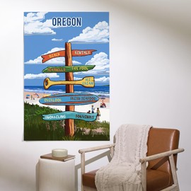 Lantern Press 36x54 Inch Giclee Print, Oregon, Signpost, Coast Beach with Umbrellas