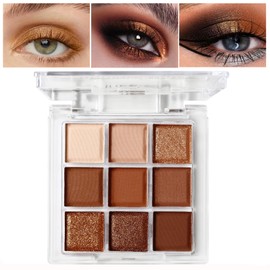 9 Colours Brown Eyeshadow Palette, Glitter Eyeshadow Matte Shimmer Natural Long Lasting Waterproof Highly Pigmented Smokey Eyeshadow Palette for Women Eye Makeup