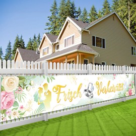 DPKOW Wedding Decoration Fresh Married Banner, Green Gold Wedding Banner for Garden, Home, Wall Decoration, Wedding Outdoor Barrier Tape Decoration, Elegant Wedding Ceremony Welcome Sign, 270 x 40 cm