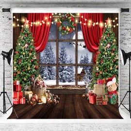 AIIKES 10x10FT Christmas Backdrop Winter Christmas Backdrop for Photography Merry Xmas Tree Window Retro Wood Backdrop Holiday Family Party Decorations Photo Studio Props 12-636