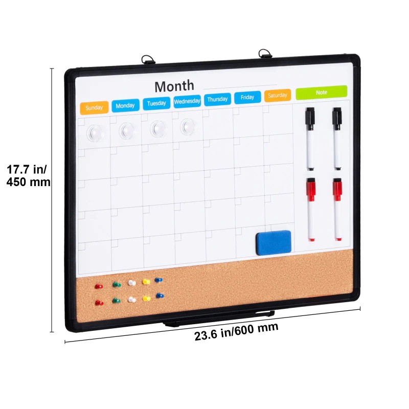 24\"x 18\" Monthly Calendar Board Whiteboard Cork Board Combo Aluminum