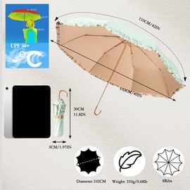 Travel Umbrella with Flower Edge Ruffle & Golden Hook Hanger - 8 Ribs Foldable Pocket Umbrella for Women/Children, Teflon Coating with UV 50+ Protection, Lightweight & Compact for Bag/Backpack