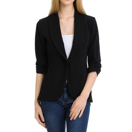 MINEFREE Women's 3/4 Ruched Sleeve Lightweight Work Office Blazer Jacket Black M