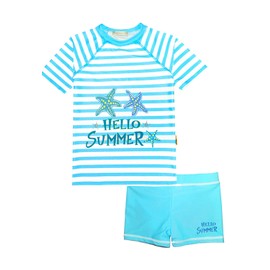 Baby Toddler Girls Two Pieces Seastar Rash Guard Swimsuit Set Blue Swimwear Short Sleeve Bathing Suit UPF 50+ 2T
