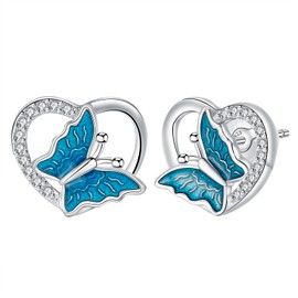 Hifeeled Butterfly Earrings Women's 925 Sterling Silver Heart Stud Earrings for Women Original Jewellery Gift Wife Mum Girl Daughter, Silver, Cubic Zirconia