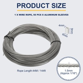 PATIKIL 144.3Ft 304 Stainless Steel Cable Kit, 1/16" Plastic Coated Wire Rope 7x7 Strand Core with 50 Pcs Aluminum Sleeves for Clothes Line Handrail (44M x 1.5 Mm)
