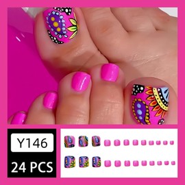 OHWODA Pink Press on Toenails Short Square Fake Toe Nails Sunflower Cute Designs Acrylic Toe Nails Full Cover Glue on Toenails Summer False Toe Nails 24 Pcs in 12 Sizes for Women