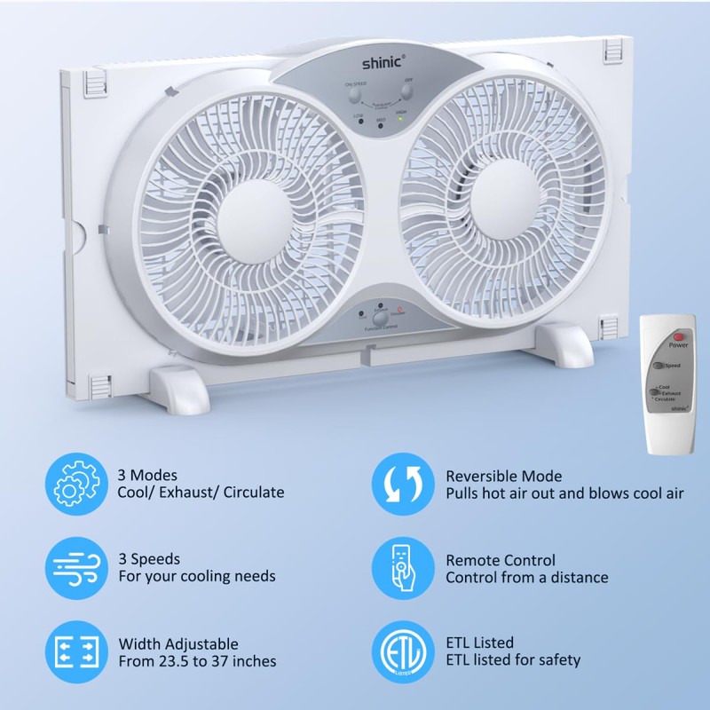 shinic Window Fan with Reversible Airflow Quiet, Twin 9" Blades,