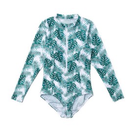 BONVERANO Women One Piece Recycled Sustainable Swimwear UPF 50+ Sun Protection Long Sleeve Rash Guard(Green Palm,S)