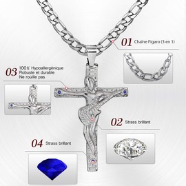 AFSTALR Johnny Hallyday Cross Pendant Necklace Chain Johnny Guitar Rocker Signature Silver Metal Women Men Gift, Stainless Steel, No stone