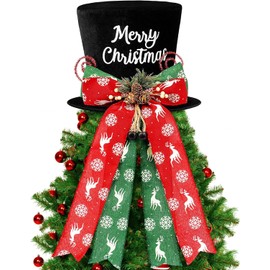 KAHEIGN Christmas Tree Topper, 25CM Large Black Xmas Tree Top Hat with Pinecones and Snowflake Elk Bow Ribbon for Home Christmas Holiday Winter Party Decor Desktop Ornaments