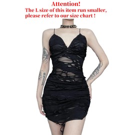 Punk Tight Dress Sheer Ripped Gothic Sexy Spaghetti Strap Dress Black Goth Distressed Alt Emo Pencil Mini Dresses,Large