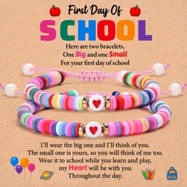 Lifecapido First Day of School Bracelet, First Day of School Gift for Kindergarten Preschool First Second Grade, Colorful Matching Heart Adjustable Bracelet for Mom and Daughter, Back to School Gifts