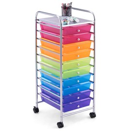 10-Tier Rolling Utility Cart with Lockable Casters, Mobile Utility Cart with 10 Drawers, Multipurpose Storage Organizer Cart for School, Office, Home, Kitchen (Rainbow)