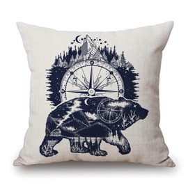 Throw Pillow Cover Bear Compass Mountains Decorative Pillowcase Cotton Linen Square Throw Pillow Case Home Couch Decor Cushion Cover 18" x 18"