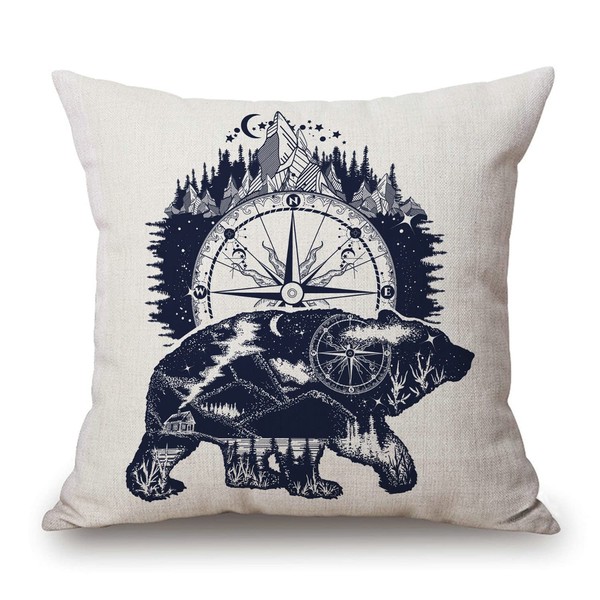 Throw Pillow Cover Bear Compass Mountains Decorative Pillowcase Cotton Linen
