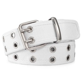 WHIPPY Canvas Double Grommet Belt Unisex Casual Double Prong Belt for Men Women for Jeans Pants, White,Silver Buckle, M
