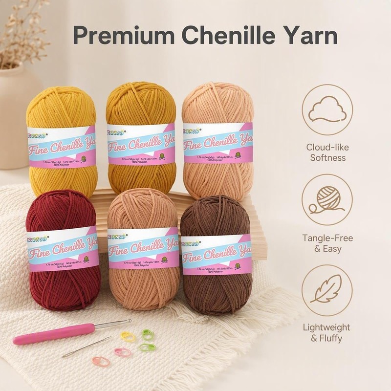 Jaciensh Soft Chenille Crochet Yarn, 6x50g Fluffy Plush Knitting Wool,