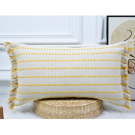 DRNOU Decorative Farmhouse Fringed Long Lumbar Throw Pillow Cover 12 x 24,Clasic Striped Textured Cotton Boho Decor Long Lumbar Pillow Cover Pillow Case for Sofa Couch Bed,Yellow and Off White