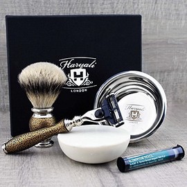 Haryali Golden Antique Men's Shaving Set 3 Edge Razor, Silver Badger Shaving Brush, Shaving Bowl, Shaving Soap and Alum Pen