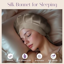 OLESILK OLESILK Mulberry Silk Bonnet for Sleeping Bowknot, Double-Side Silk Sleep Cap for Curly Hair Care, Hair Bonnet for Afro Wavy Long Hair, Night Cap for Women, Light Coffee
