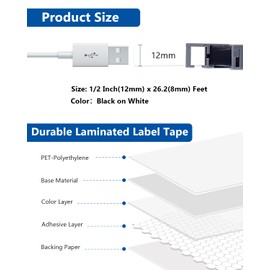 Labelwell 6-Pack TZe TZ Tape 12mm 0.47 Laminated White Replacementt for Brother P Touch Label Tape Black on White Refills for Ptouch PT-D220 D210 H110 D400 D600 D410 D610BT H100 Label Maker, 1/2 Inch
