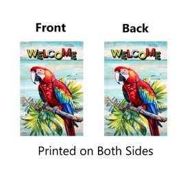 Summer Garden Flag Red Parrot Welcome Yard Flags for Outside 12x18 Inch Double Sided Tropical Plants Outdoor Decor Summer Bird Banner Tropical Palm Tree Beach Party Decorations