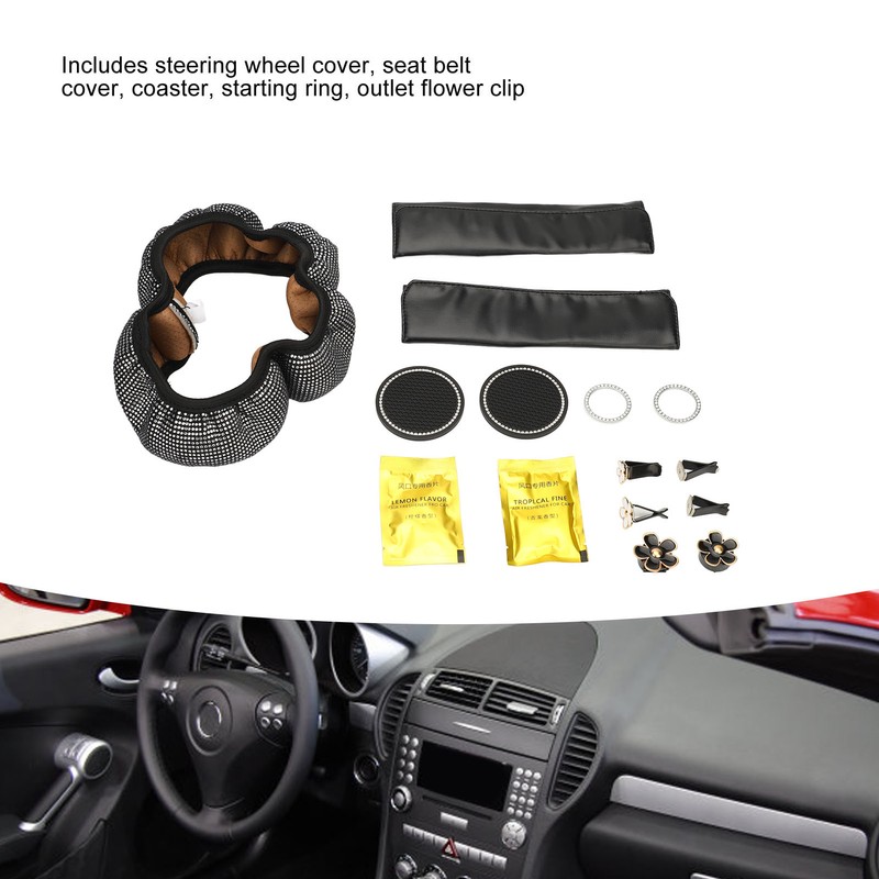 Bling Car Accessories Set Rhinestone Steering Wheel Cover Coaster Starter