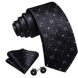 Barry.Wang Black Tie for Men Plaid Silk Necktie Pocket Square Cufflinks Set Formal Wedding Party Business