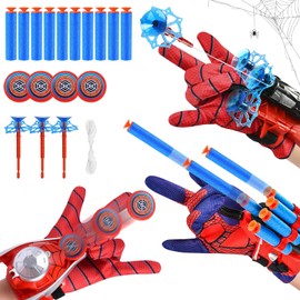 Set of 3 Spiderm Launcher Gloves, Spiderm Gloves, Super Spiderm Launcher, Kids Spiderm Hero Gloves with Suction Cup Darts and Frisbee, Spiderm Net Launcher, Spiderm Hero Gloves, Gift for Children (B)