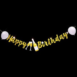 Happy Birthday Banner,Gold Glitter Birthday Party Signs with Balloons and Wine Cup for Birthday Party Supplies Sparkle Decorations
