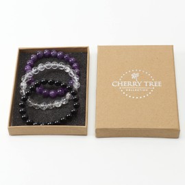 Cherry Tree Collection Gemstone - Small, Medium, Large Sizes - 3 Beaded Bracelet Set With Gift Box - Bracelets For Men and Women - 8mm Beads (Protection - Large)