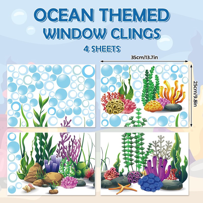 JarThenaAMCS Large Summer Window Clings Ocean Themed Seaweed Coral Window