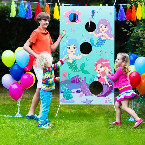 WATINC Mermaid Toss Games with 3 Bean Bags, Carnival Birthday Party Fun Game for Kids and Adults, Mermaid Banner for Ocean Theme Party Decoration, Outdoor Yard Favors and Supplies, All Ages Activity