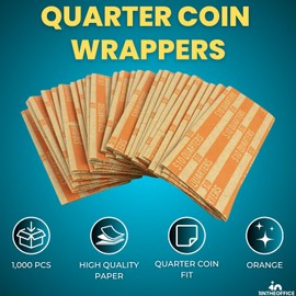 1InTheOffice Quarter Coin Wrappers, Paper Coin Roll Wrappers, Flat Tubular, 1000/Box