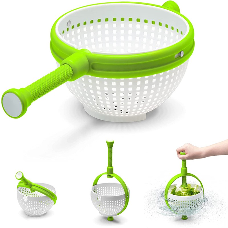 Salad Rotator Plastic Colander with Collapsible Handle Rotatable Kitchen Strainers