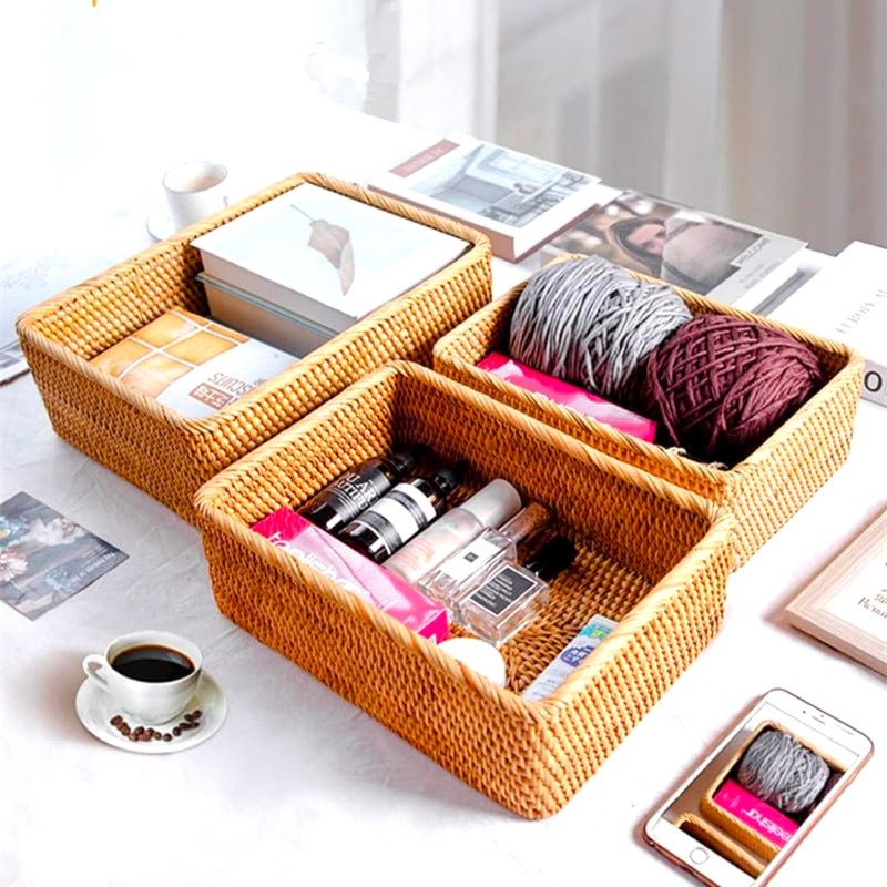 Natural Rattan Storage Baskets Set of 3 - Handwoven Wicker