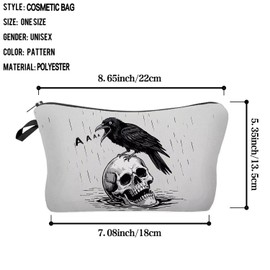 Livel lhood Funny Crow Skull Makeup Bag Cute Small Organizer Zipper Pouch Funny Rainy Crow Caw Skull Cosmetic Bag Birthday Present for Women Friends
