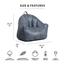 Big Joe Hug Bean Bag Chair, Basalt Blue, Vegan Suede, Kids and Teens, 3 feet