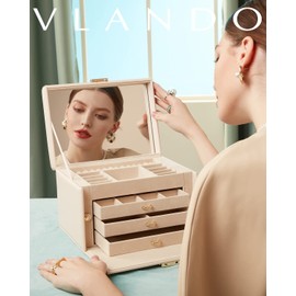 Vlando Jewelry Box for Girls, 4-Tier Jewelry Organizer with Lock, Mirror Jewelry Box for Earring, Ring, Necklace and Bracelets - Beige