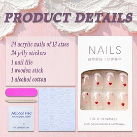 Valentines Day Press on Nails Short Almond French Tip Fake Nails Nude Full Cover Red Pink Heart False Nails with Designs Glossy Glue on Nails Cute Acrylic Manicure Artificial Nails for Women Girls