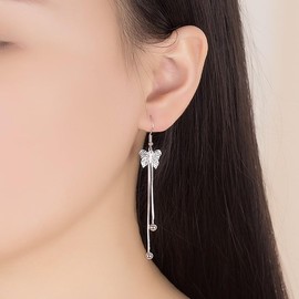 Krstudent Sweet hipster temperament exaggerated medium and long fringed earrings, Guochao fashion hollow bow swirling earrings, female (White gold)