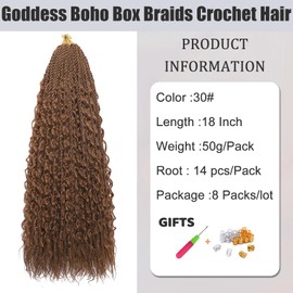 BLTYXT Goddess Boho Box Braids Crochet hair 18 Inch 8 Packs Pre Looped Water Wave Crochet Hair for Women Hair Extension (30, 18 Inch(8 Packs))