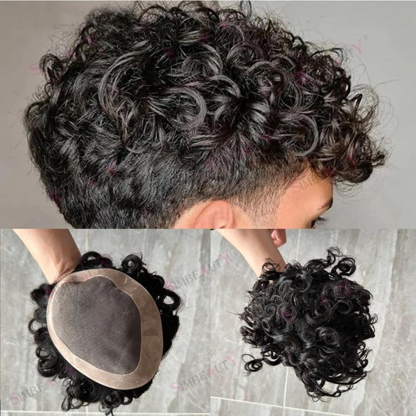 SIMBEAUTY Indian Remy Human Hair Curl Toupee 10x8inch for Men