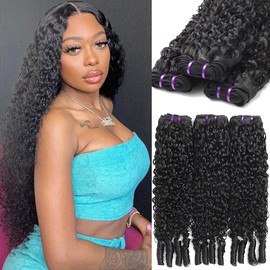 Curly Human Hair Bundles Burmese Curly Bundles Human Hair 100% Unprocessed Wet And Wavy 3 Bundles（16 18 20 Inch）with Spiral End 14A Water Wave Bundle Quick Weave Hair for Women Natural Black