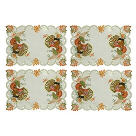 Creative Linens 4PCS Fall Harvest Thanksgiving Placemats 11x17”, Embroidered Turkey Pumpkin Maple Leaf Place Mats Tray Cloths Ivory, Set of 4 Pieces