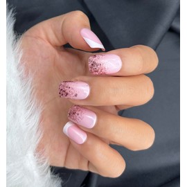 Xiokyo 24Pcs French Pink Press on Nails Short Squoval Glitter Fake Nails Acrylic False Nails Manicure Nails Tips Full Cover Glossy Stick on Nails for Women